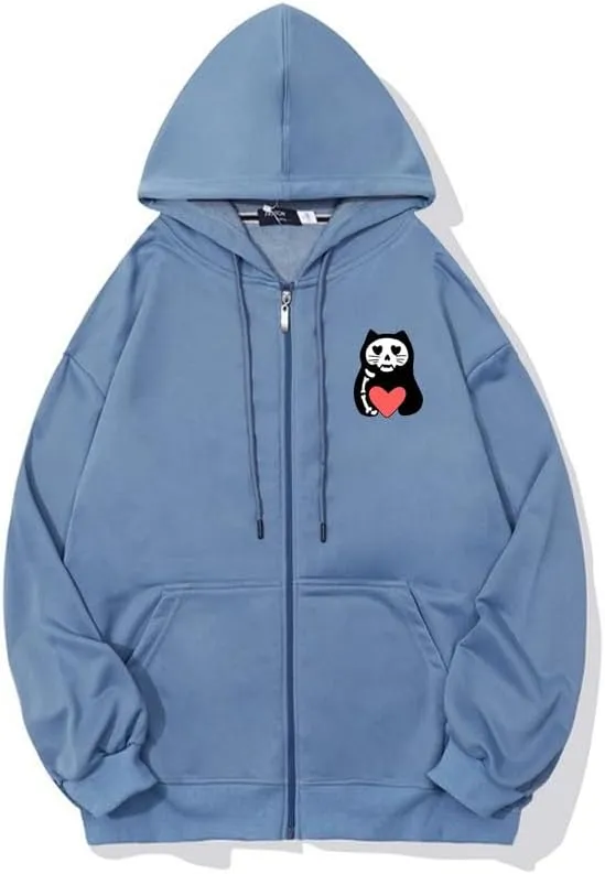 CORIRESHA Unisex Funny Cat Heart Zip Hoodie Long Sleeve Casual Sweatshirt