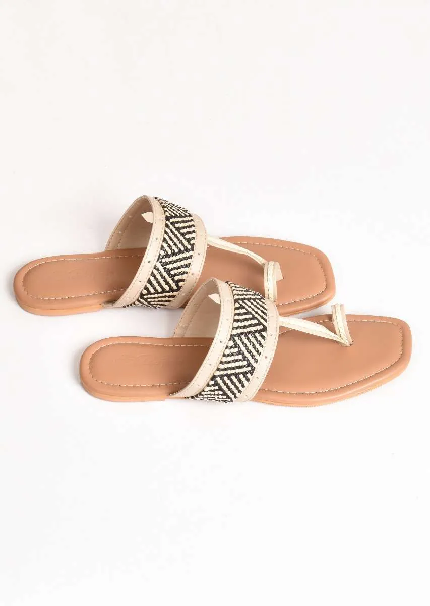 Cream T Shaped Kolhapuri Flats With Geometric Design By Sole House