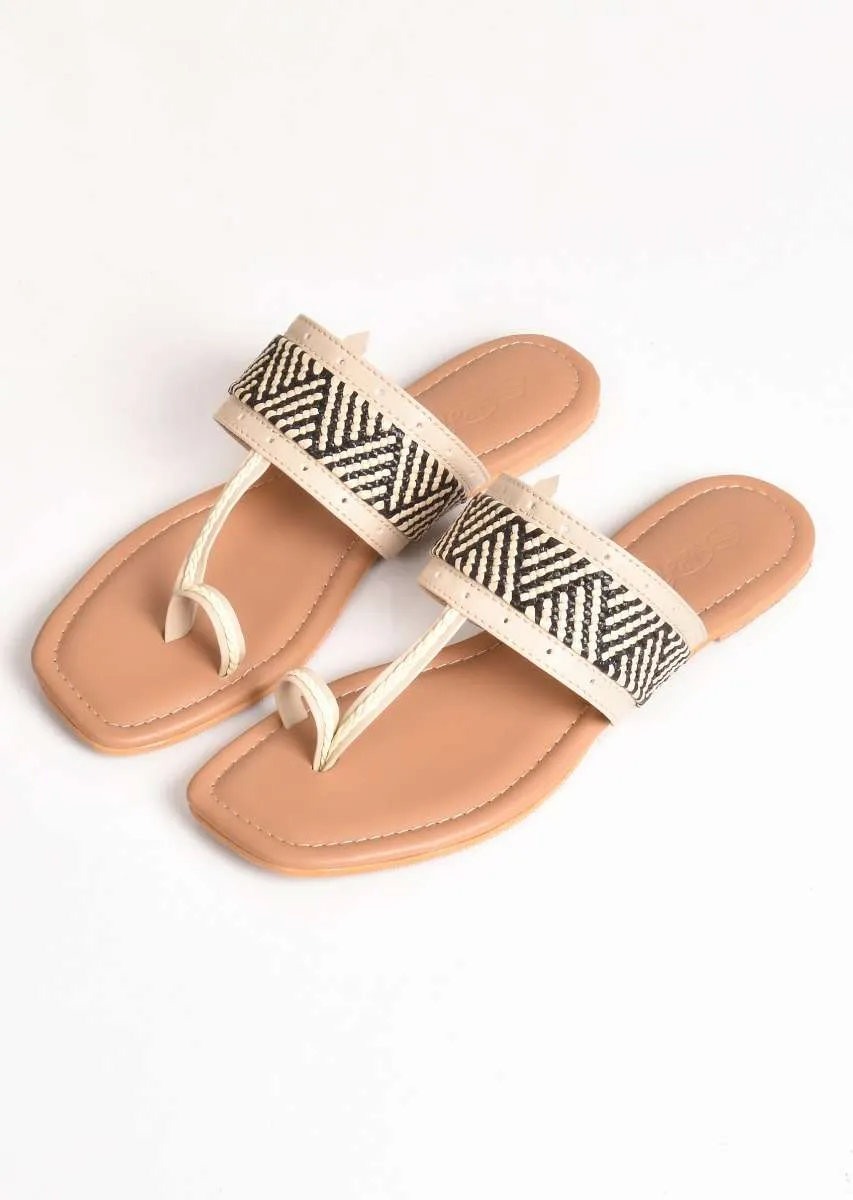 Cream T Shaped Kolhapuri Flats With Geometric Design By Sole House