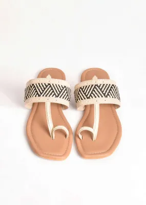 Cream T Shaped Kolhapuri Flats With Geometric Design By Sole House