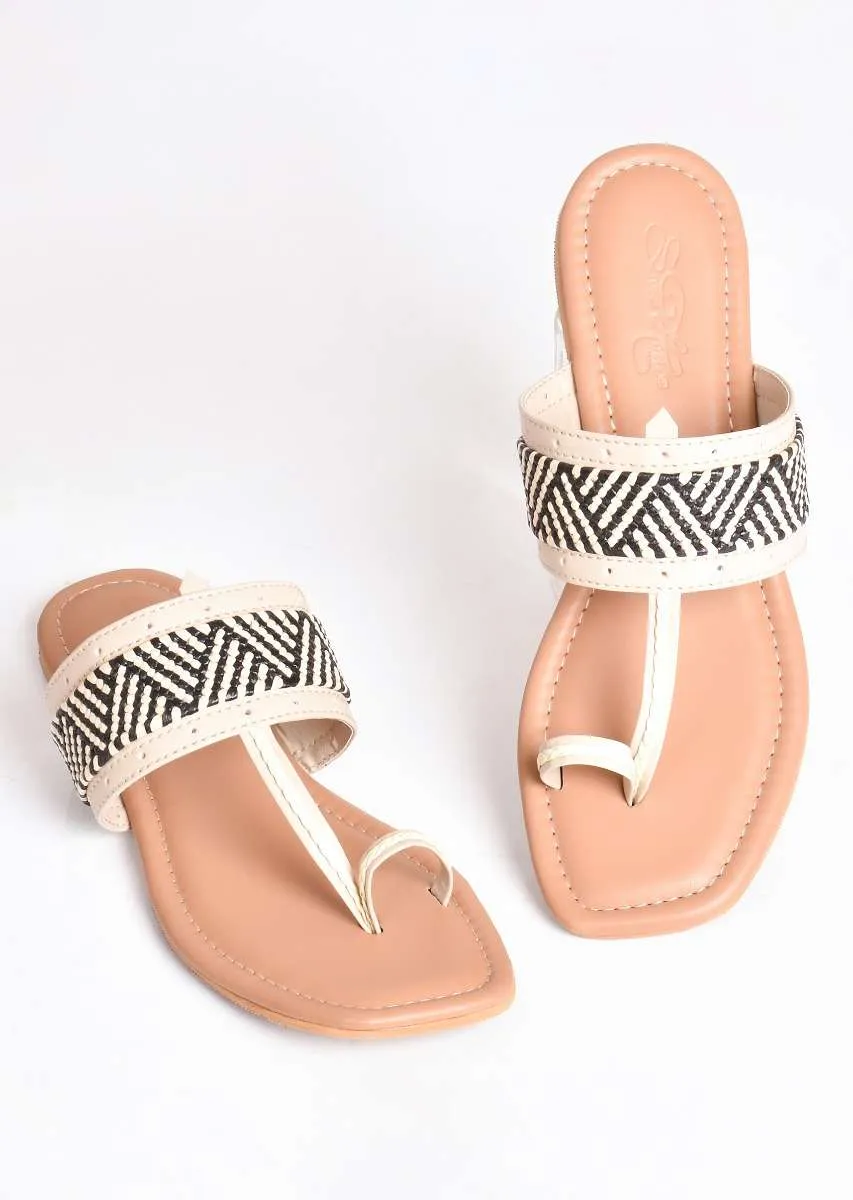 Cream T Shaped Kolhapuri Flats With Geometric Design By Sole House