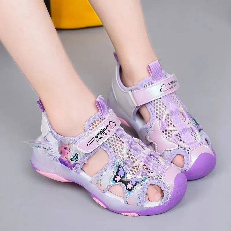 Disney Girls' Sandals Lights Summer Style Children's Anti-skid Soft Soles Elsa Princess Carton Shoes Pink Purple Size 23-36