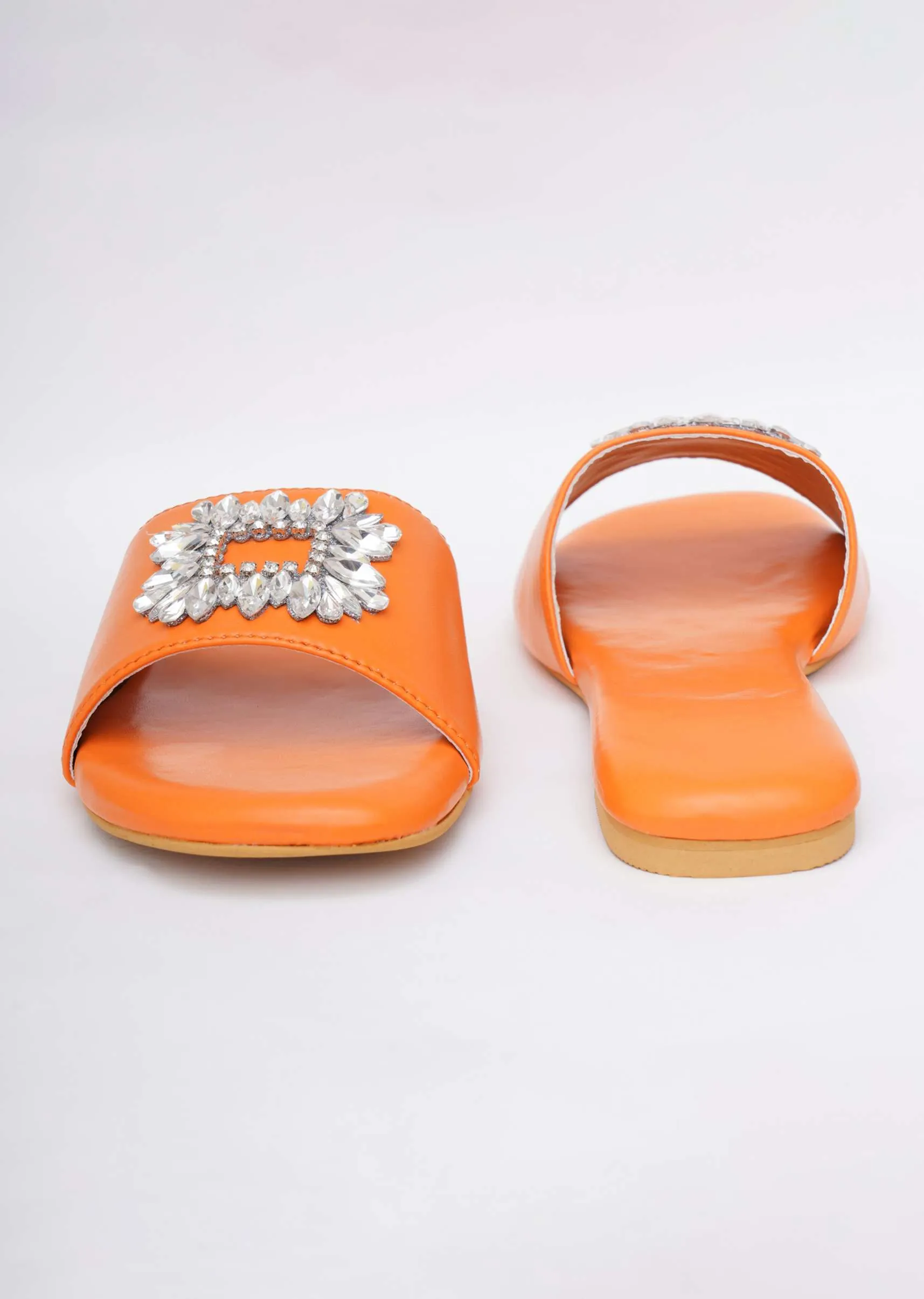 Fire Orange Festive Brooch Flats In Soft Faux Leather