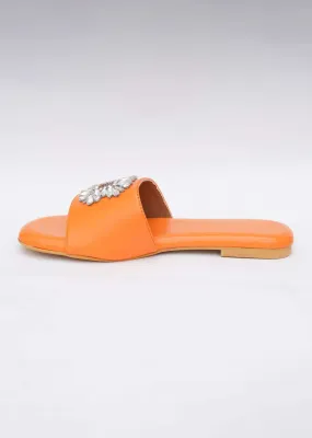 Fire Orange Festive Brooch Flats In Soft Faux Leather