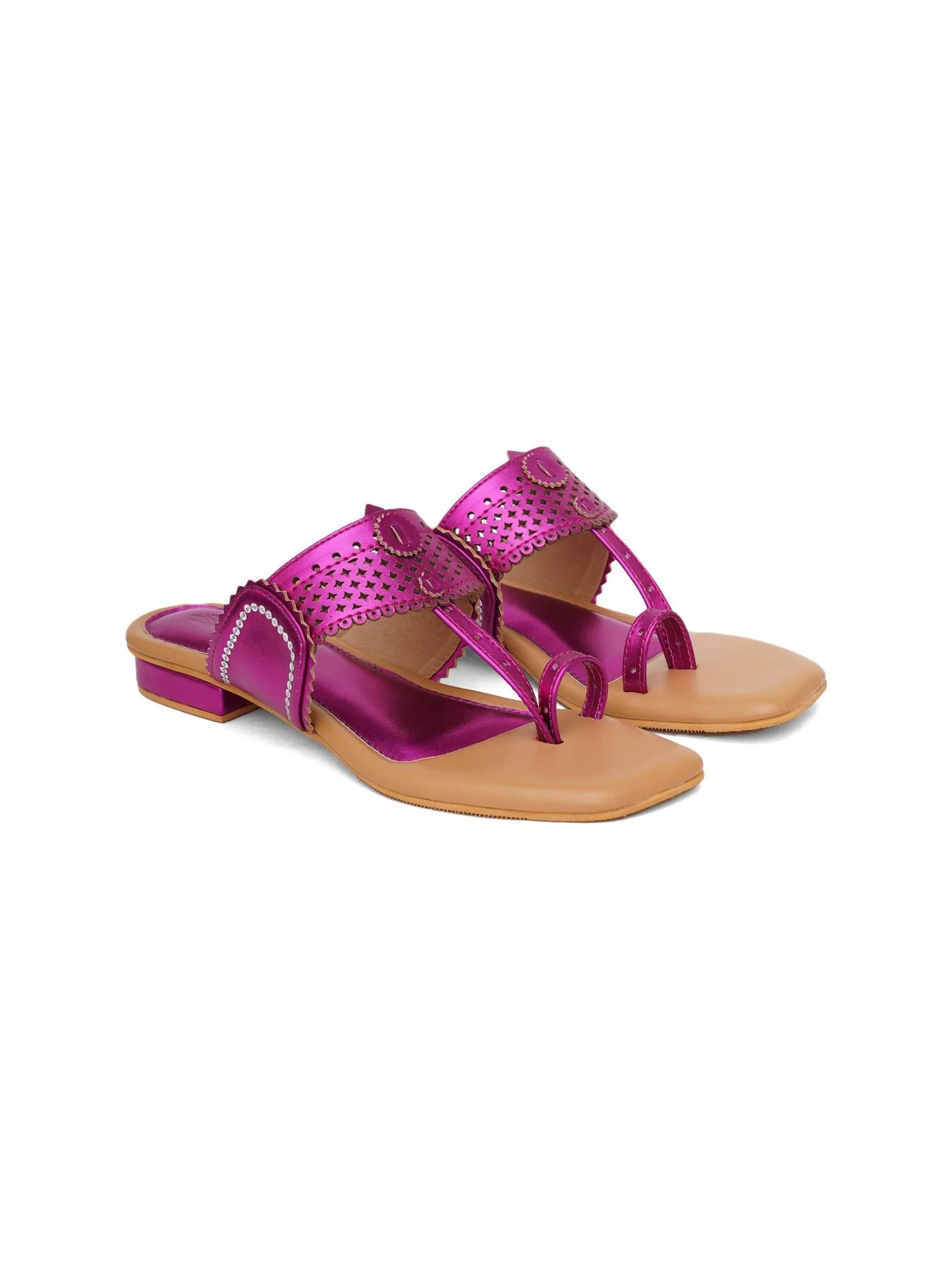 Fuschia Pink Kolhapuri Flats With Silver Hand Embroidery