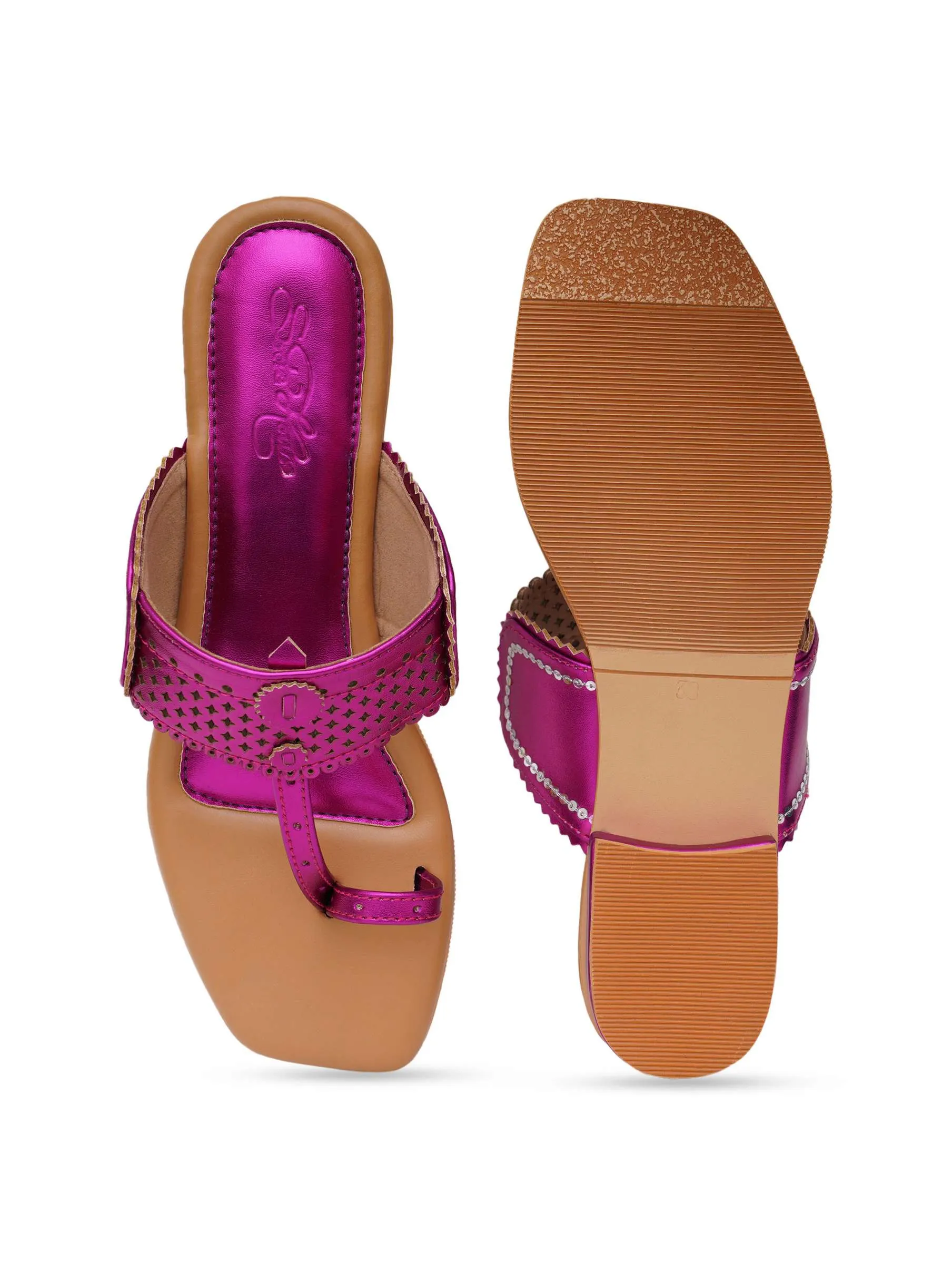 Fuschia Pink Kolhapuri Flats With Silver Hand Embroidery