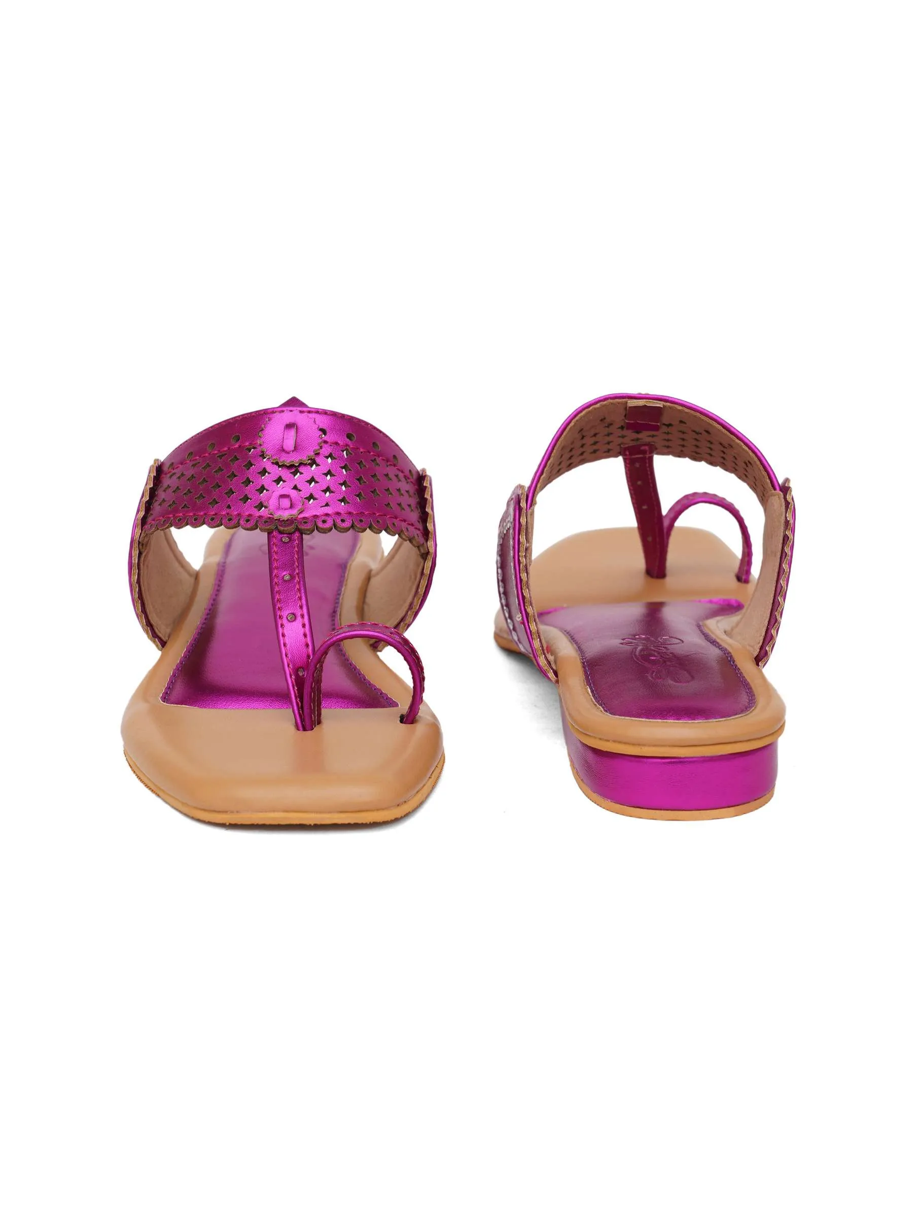 Fuschia Pink Kolhapuri Flats With Silver Hand Embroidery