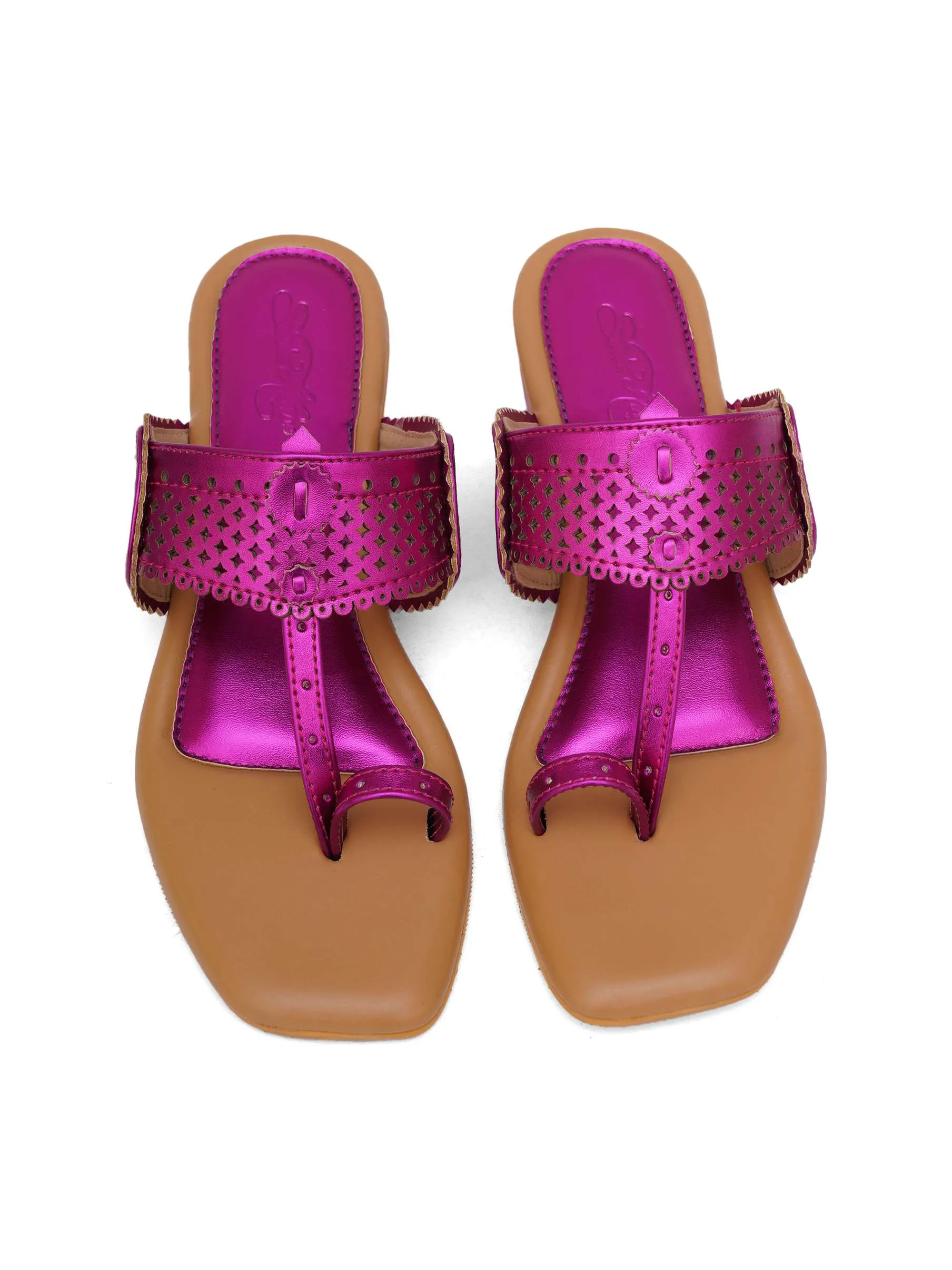 Fuschia Pink Kolhapuri Flats With Silver Hand Embroidery