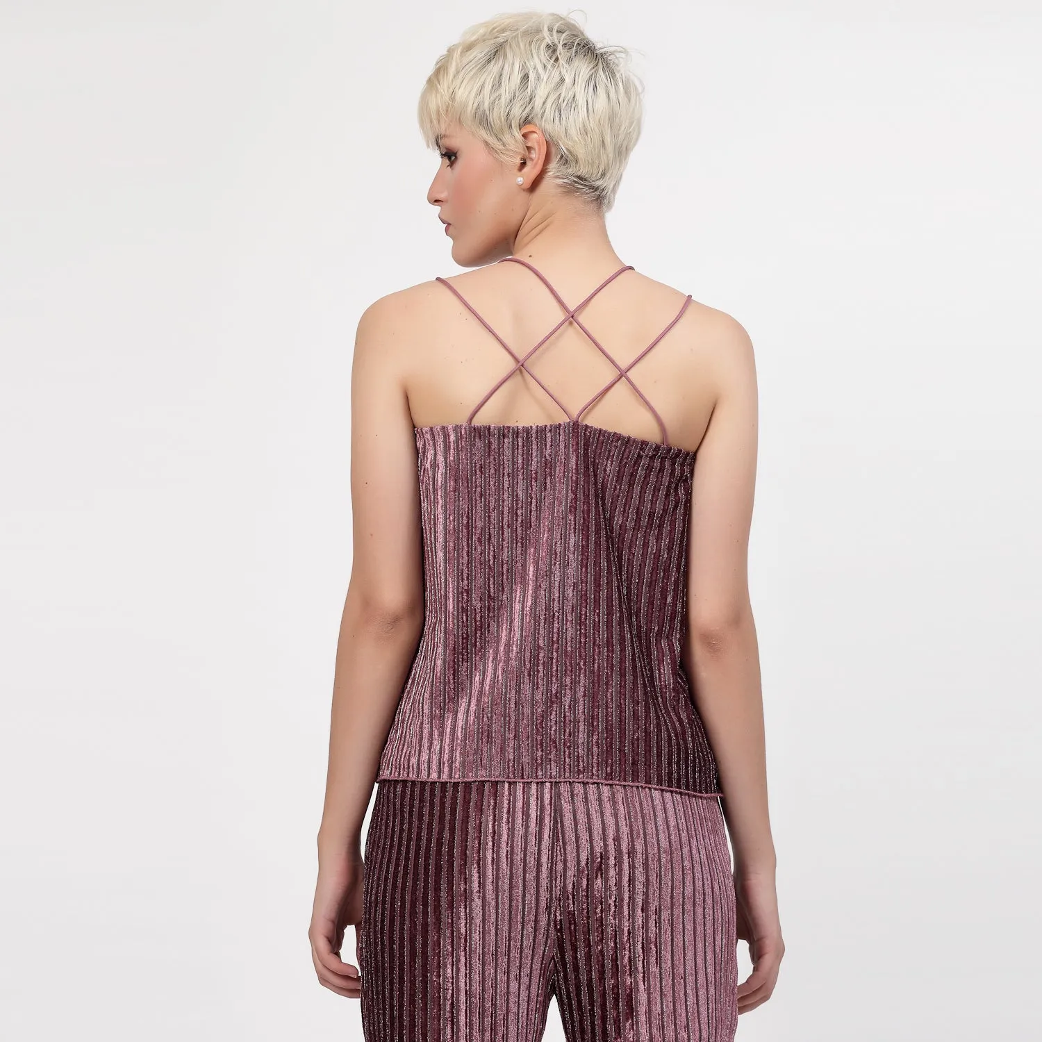 Purple Velvet Spaghetti Top With Strings And Pearl Beads