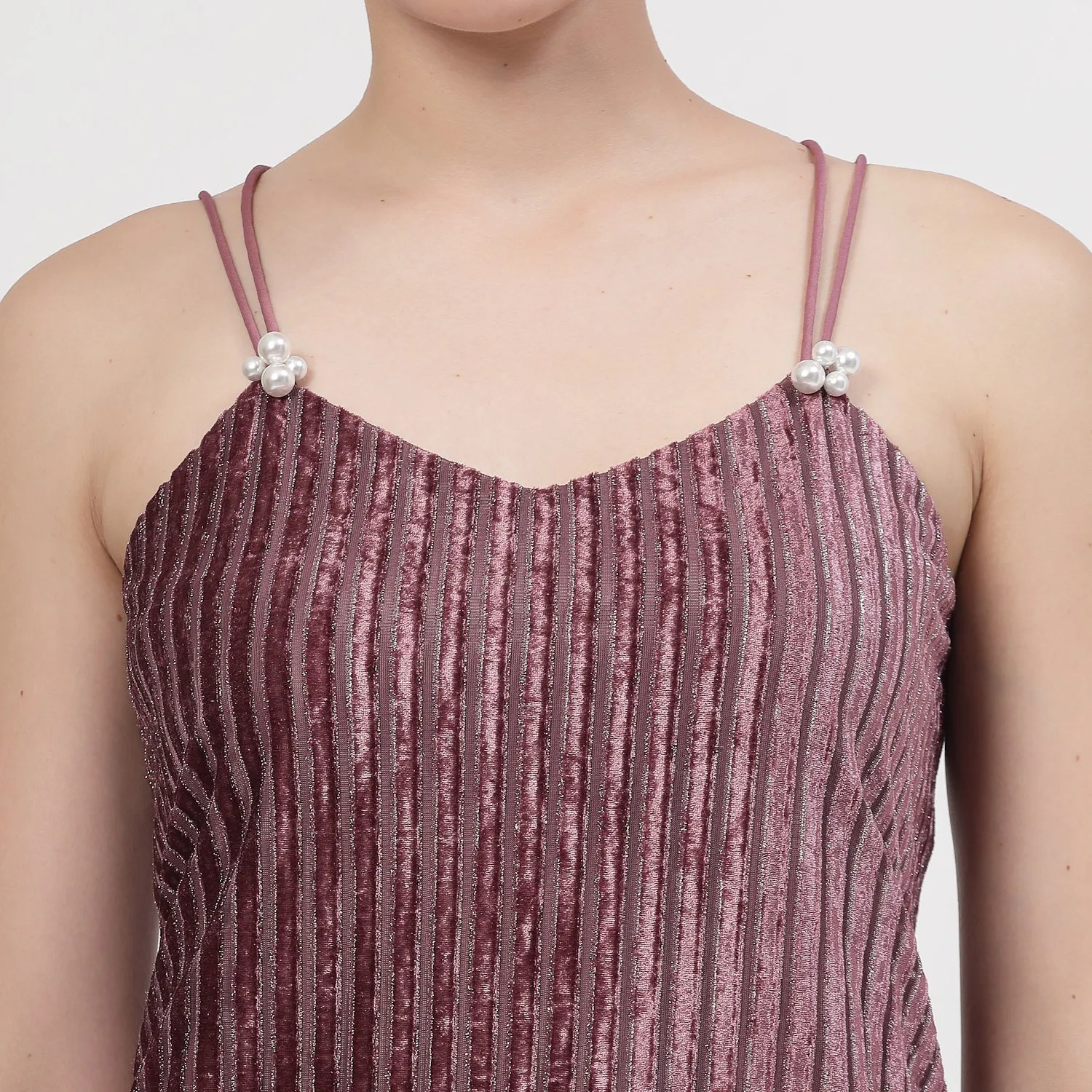 Purple Velvet Spaghetti Top With Strings And Pearl Beads