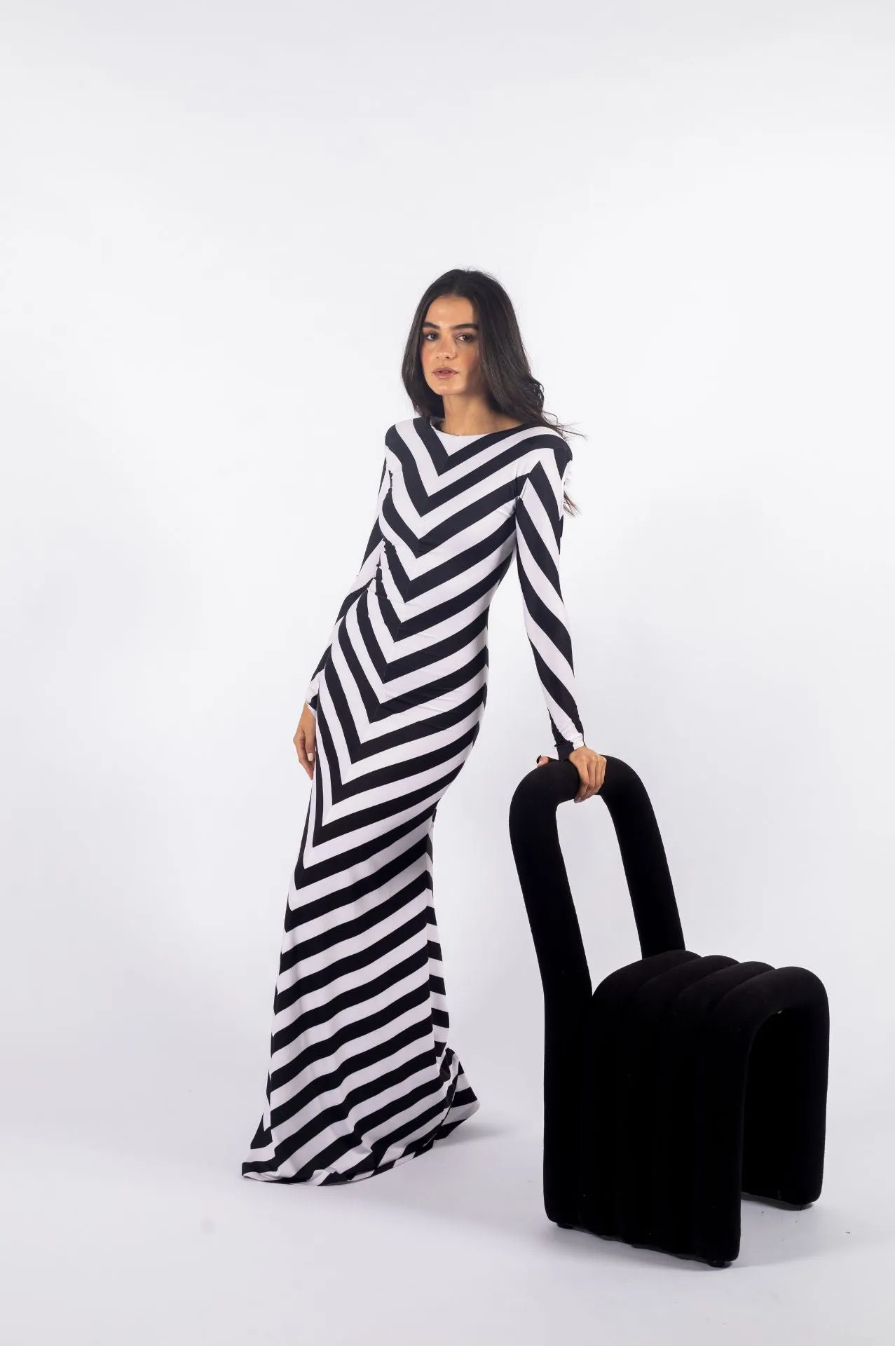 Stella Dress | Black and White Diagonal Striped Dress