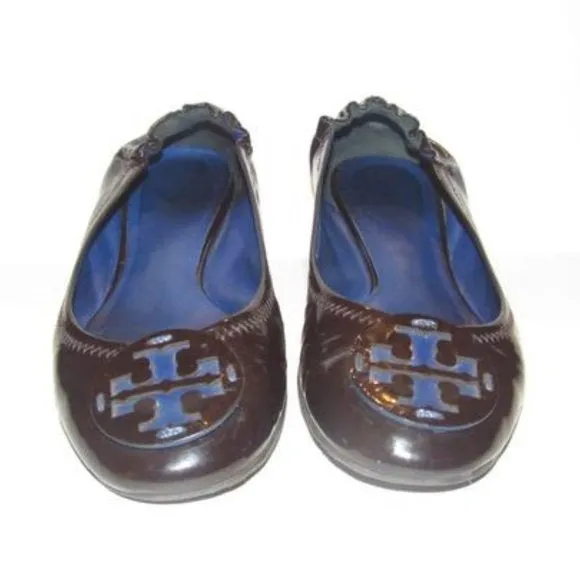 Tory Burch Black and Cobalt Blue Patent Leather Flats