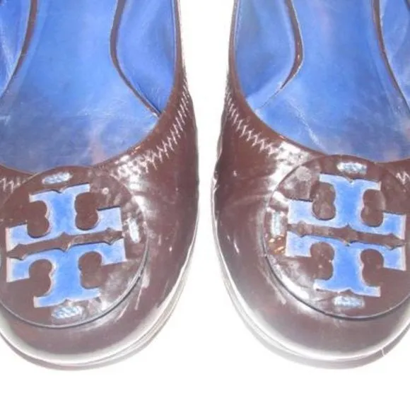 Tory Burch Black and Cobalt Blue Patent Leather Flats