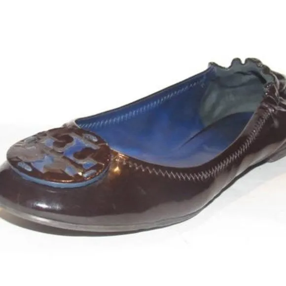 Tory Burch Black and Cobalt Blue Patent Leather Flats