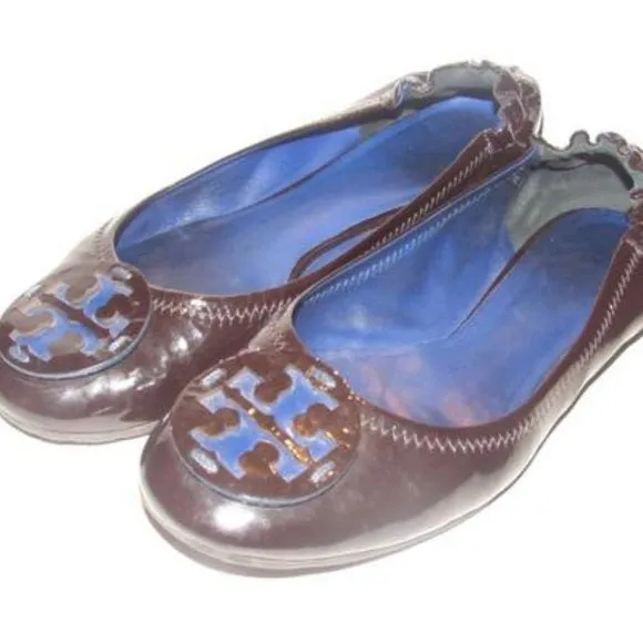 Tory Burch Black and Cobalt Blue Patent Leather Flats