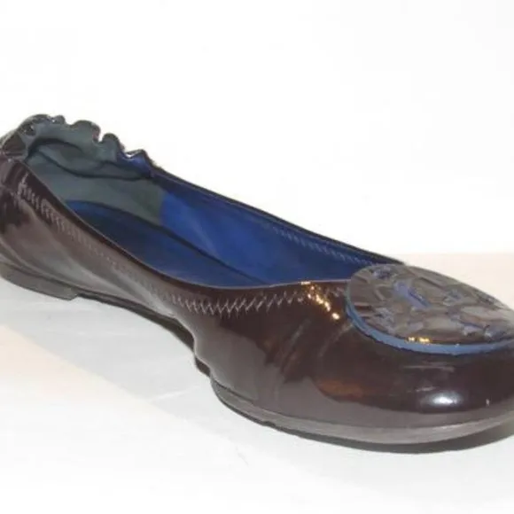 Tory Burch Black and Cobalt Blue Patent Leather Flats