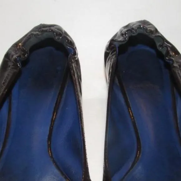 Tory Burch Black and Cobalt Blue Patent Leather Flats