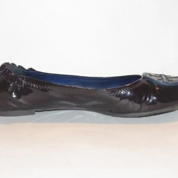 Tory Burch Black and Cobalt Blue Patent Leather Flats