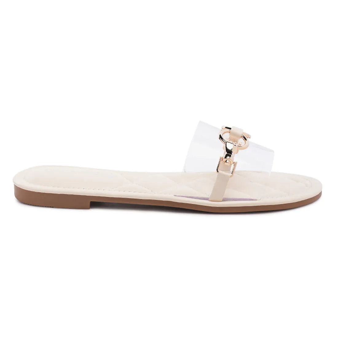 Transparent Buckled Quilted Slides in Beige