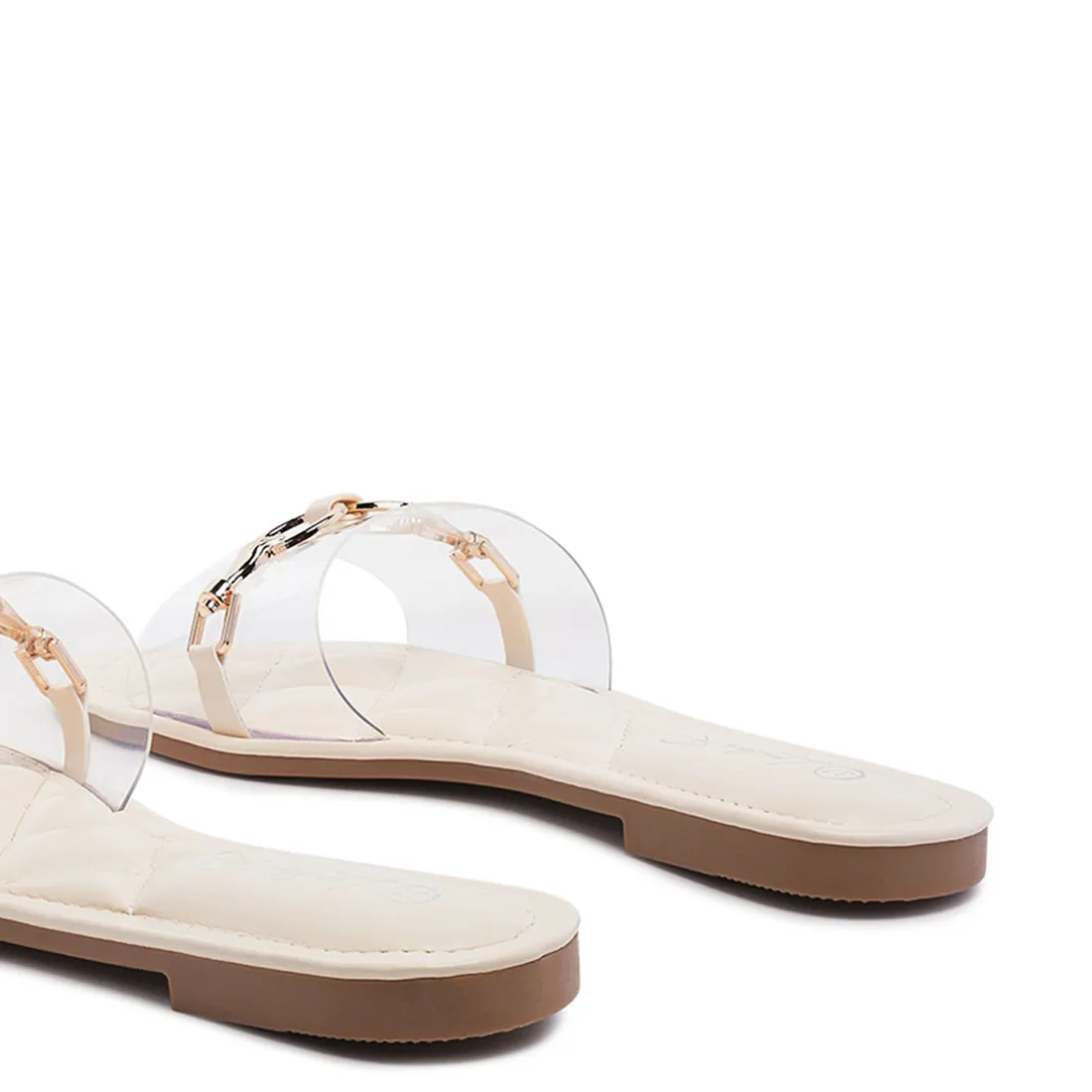 Transparent Buckled Quilted Slides in Beige