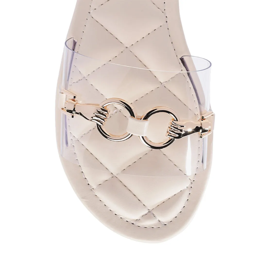 Transparent Buckled Quilted Slides in Beige