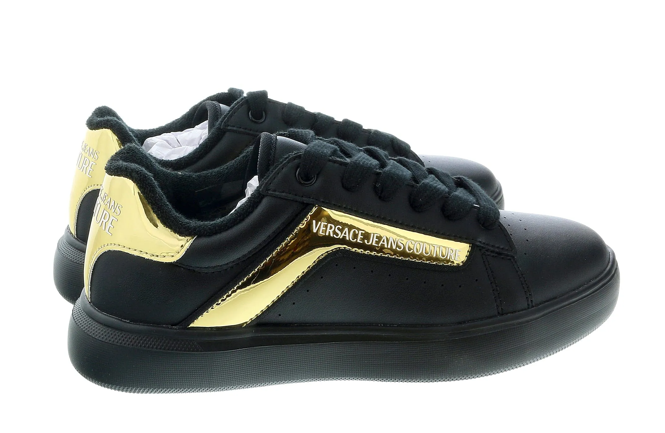 Versace Jeans Couture Black Gold Trim Fashion Lace Up Court Sneakers-