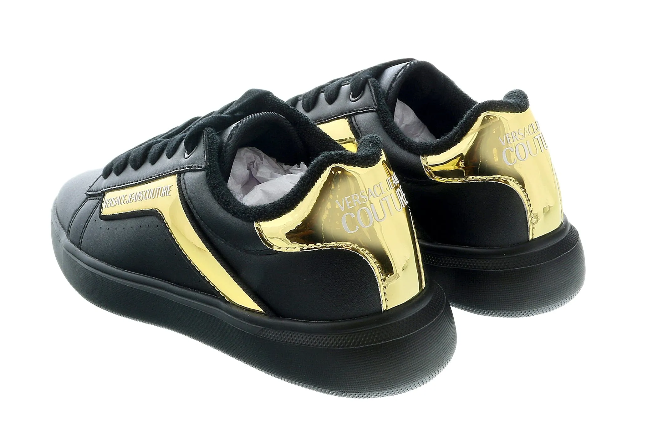 Versace Jeans Couture Black Gold Trim Fashion Lace Up Court Sneakers-