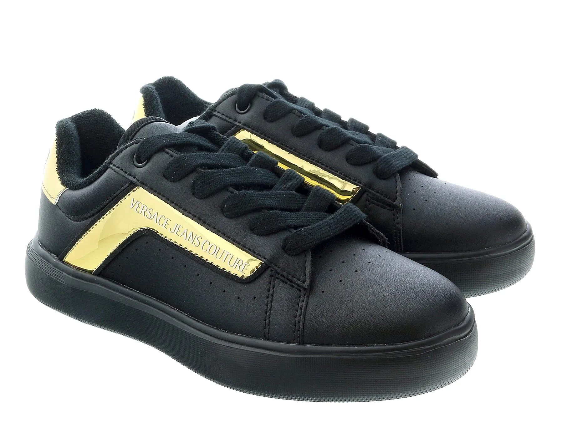Versace Jeans Couture Black Gold Trim Fashion Lace Up Court Sneakers-
