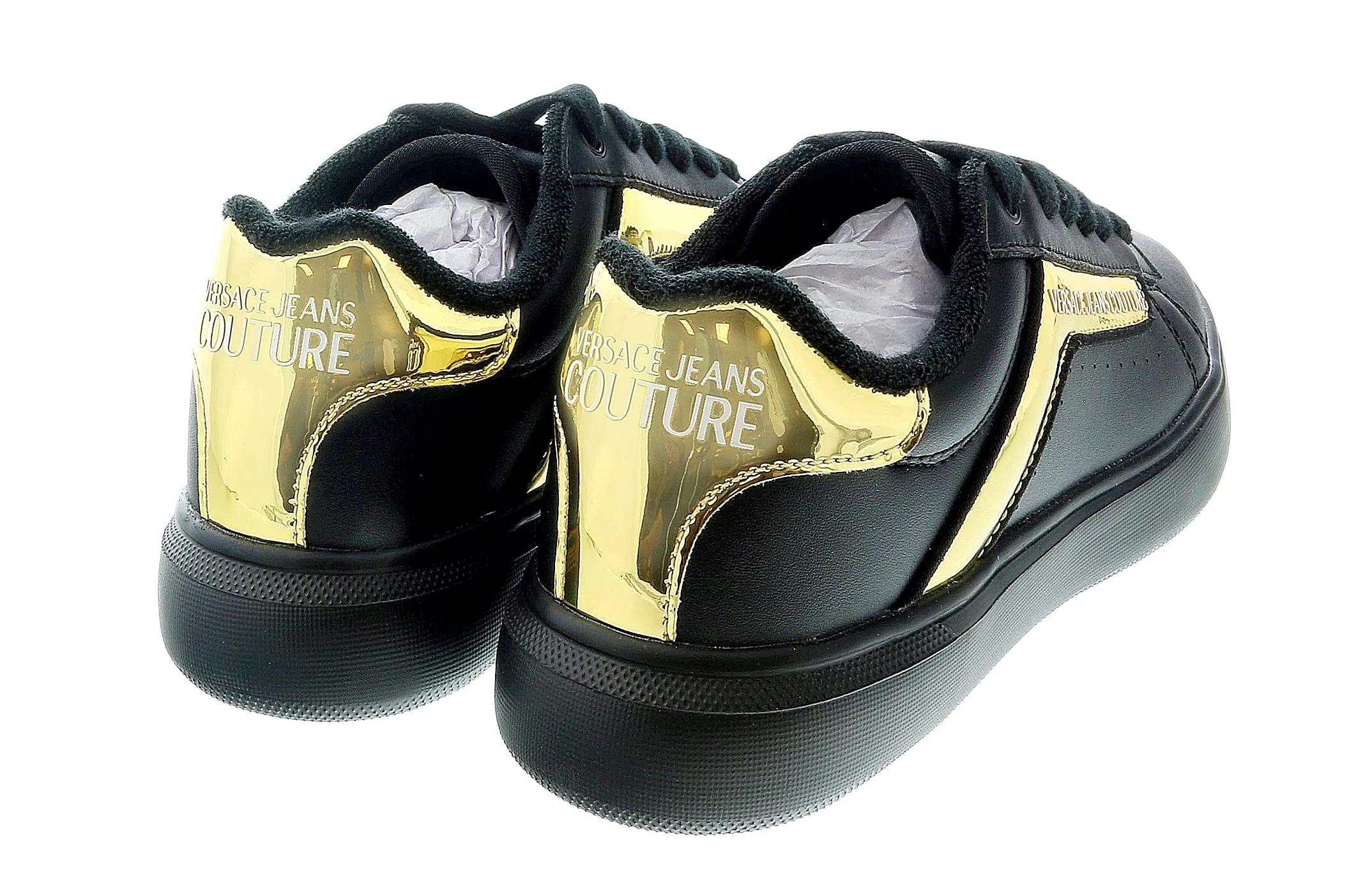 Versace Jeans Couture Black Gold Trim Fashion Lace Up Court Sneakers-