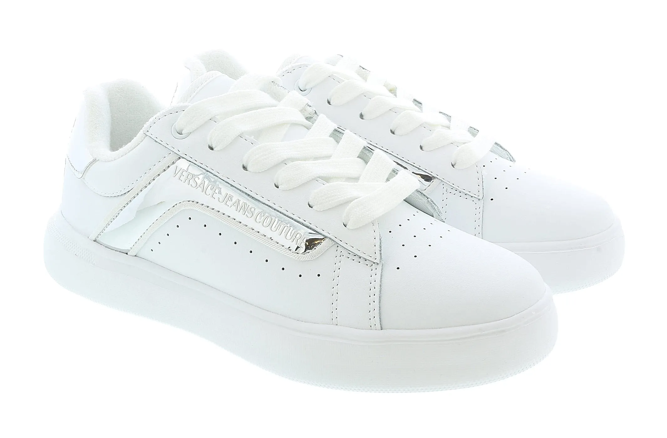 Versace Jeans Couture White/Silver Court Fashion Lace Up Sneakers-