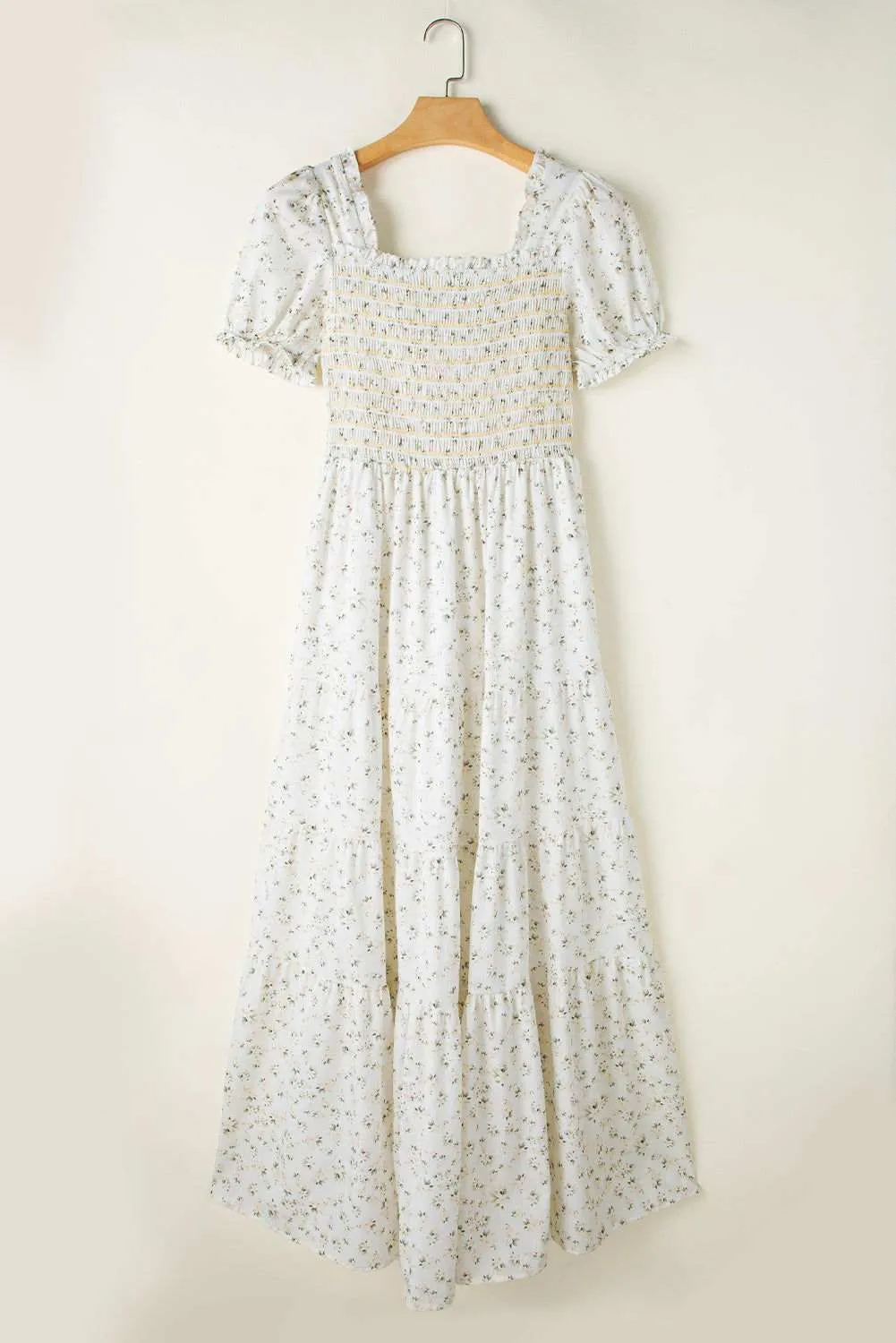 White Frill Neckline Shirred Bodice Floral Maxi Dress