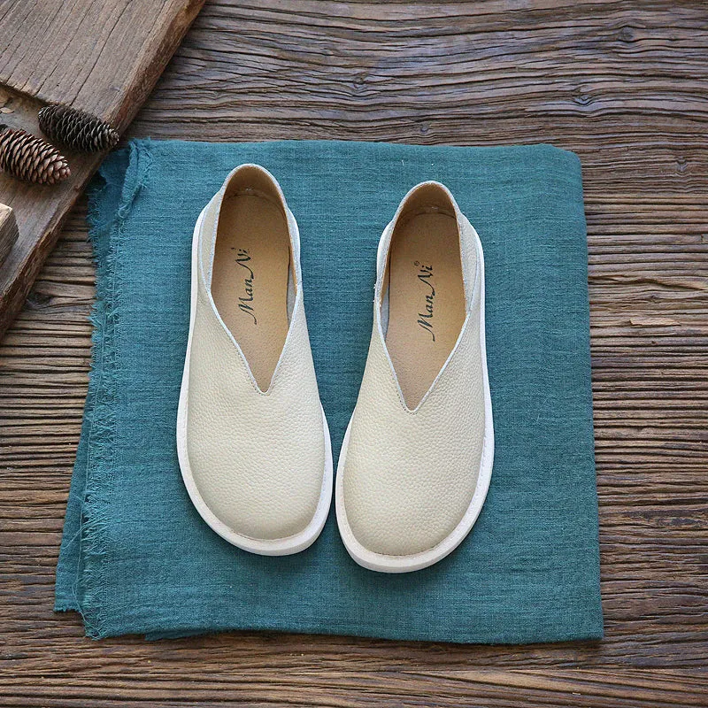Women Solid Cowhide Leather Casual Flats Shoes