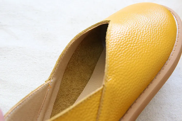 Women Solid Cowhide Leather Casual Flats Shoes