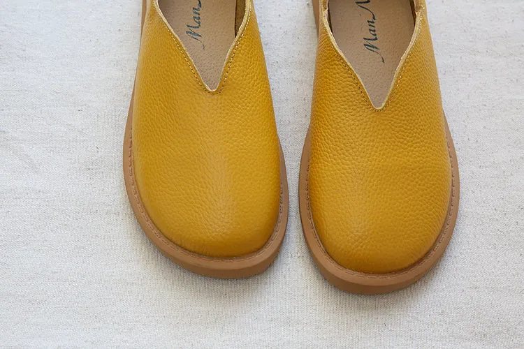Women Solid Cowhide Leather Casual Flats Shoes