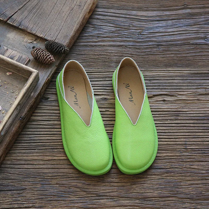 Women Solid Cowhide Leather Casual Flats Shoes