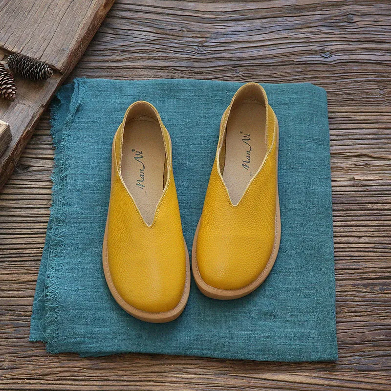 Women Solid Cowhide Leather Casual Flats Shoes