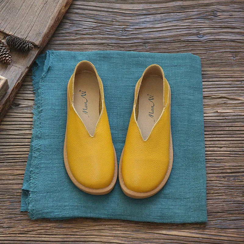 Women Solid Cowhide Leather Casual Flats Shoes