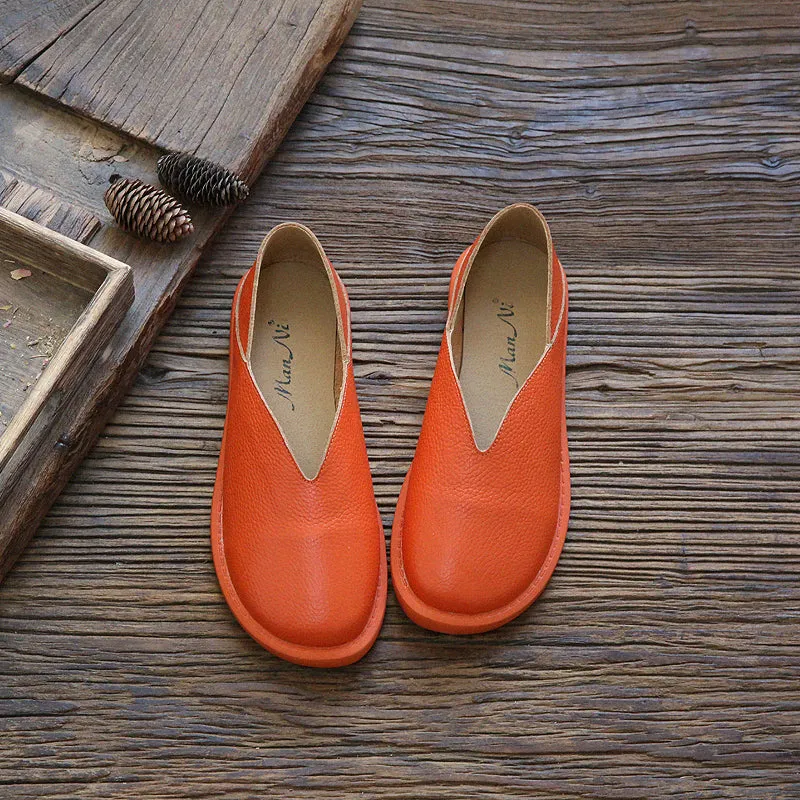Women Solid Cowhide Leather Casual Flats Shoes