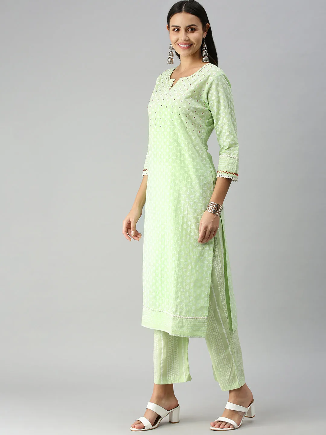 Women Straight Green Printed Kurta and Palazzos