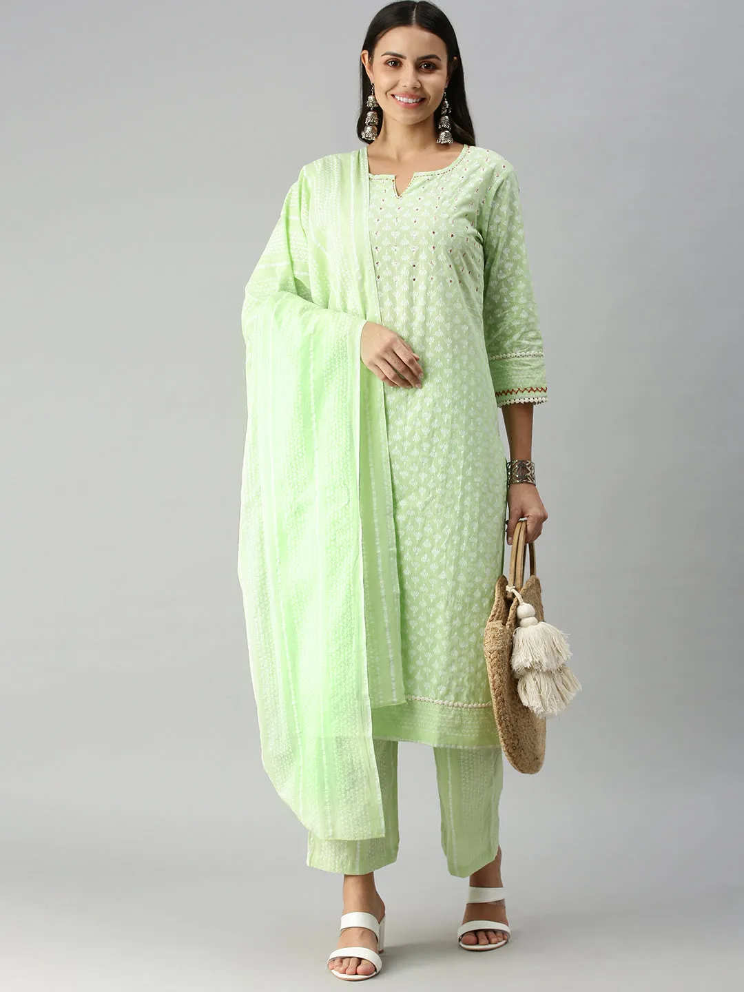 Women Straight Green Printed Kurta and Palazzos
